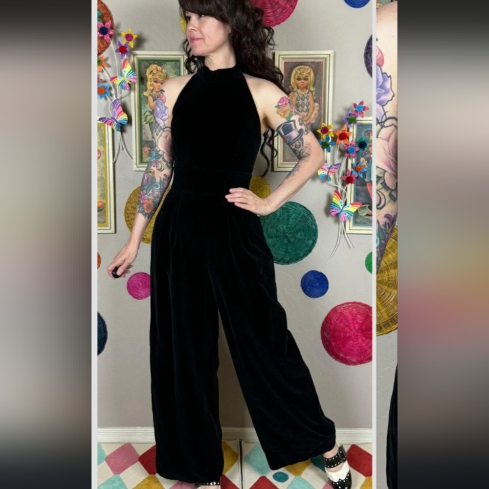 Elegant Black Velvet evening   jumpsuit with  sides silver sparkle